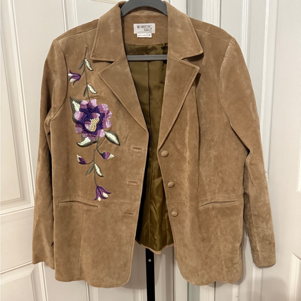 Suede Leather Blazer with Embroidered Floral Design BrownStone Studio Size‎ 18